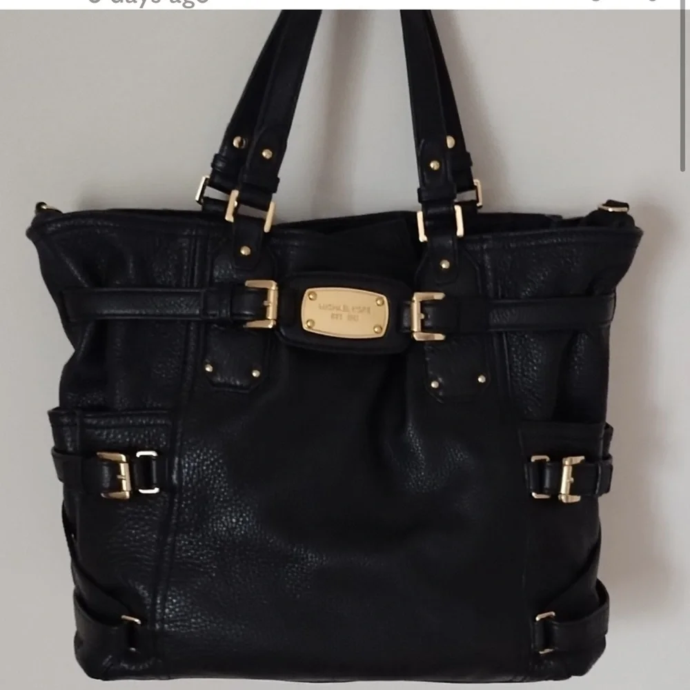 Michael Kors Black Leather Hobo Tote with Gold Hardware